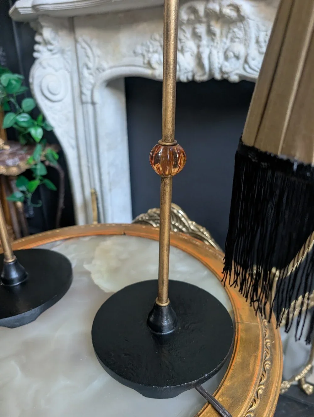 Vintage, set of 2,  Cast Metal Black/Gold bridge-style table lamp w/ Fringe